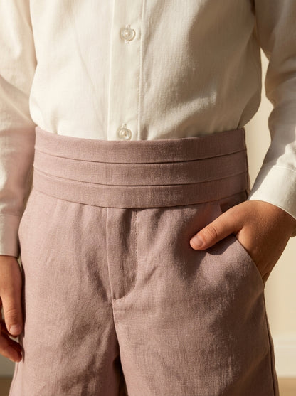 Conjunto camisa cuello mao y short rosa con fajin
