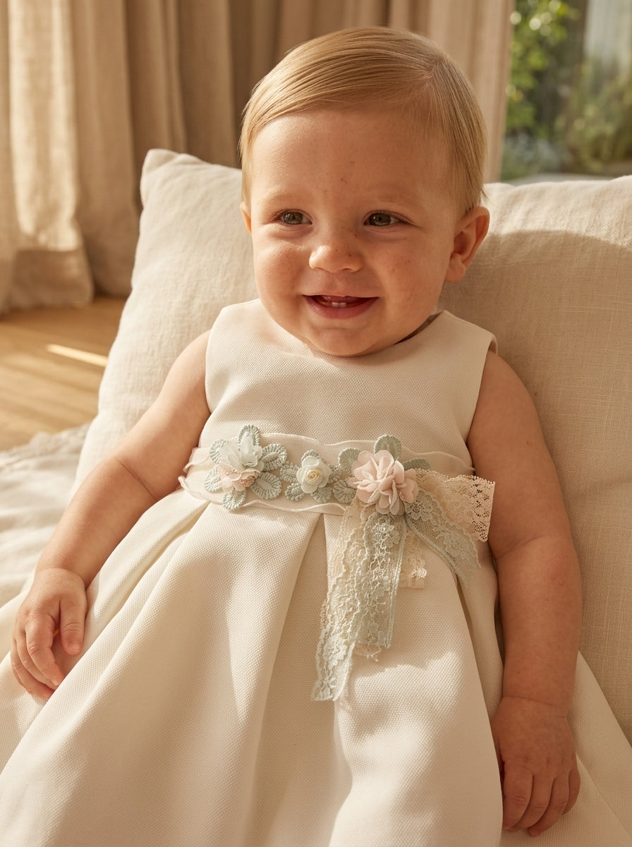 Vestido mikado blanco con fajin rosita con florecitas