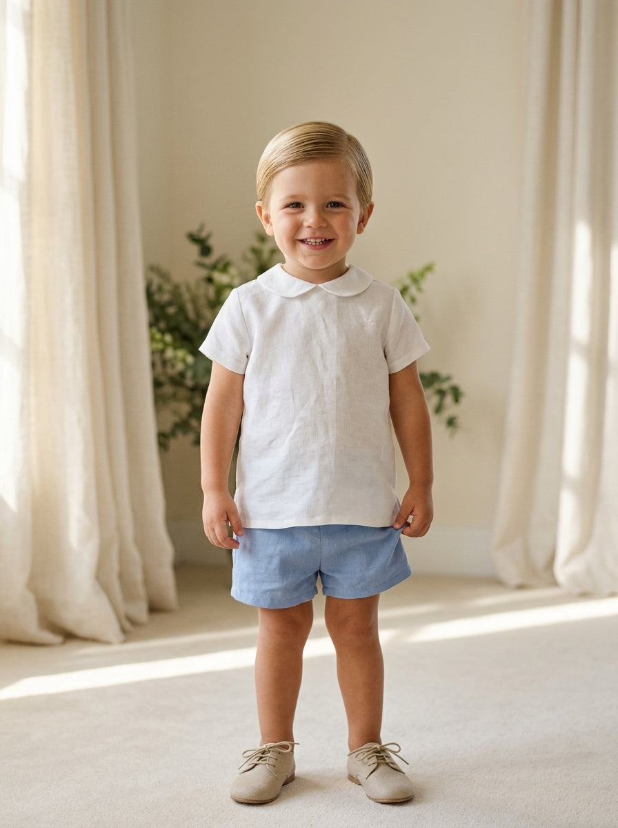 Conjunto camisa blanco roto y short azul empolvado