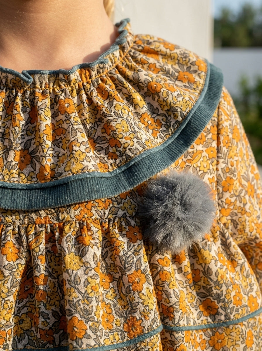 Vestido estampado flores turquesa y mostaza "Simba"