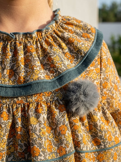Vestido estampado flores turquesa y mostaza "Simba"