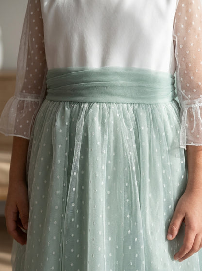 Vestido tul de plumeti blanco y azul manga francesa