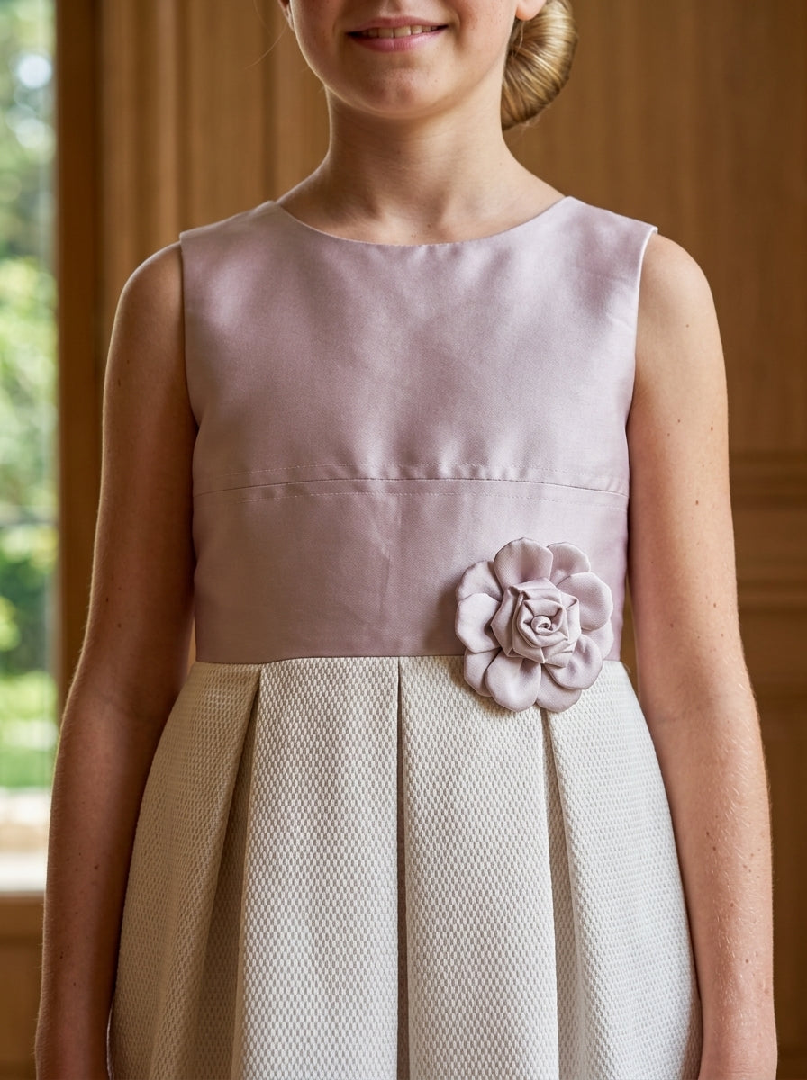 Vestido cuerpo mikado rosa y falda brocado rosa