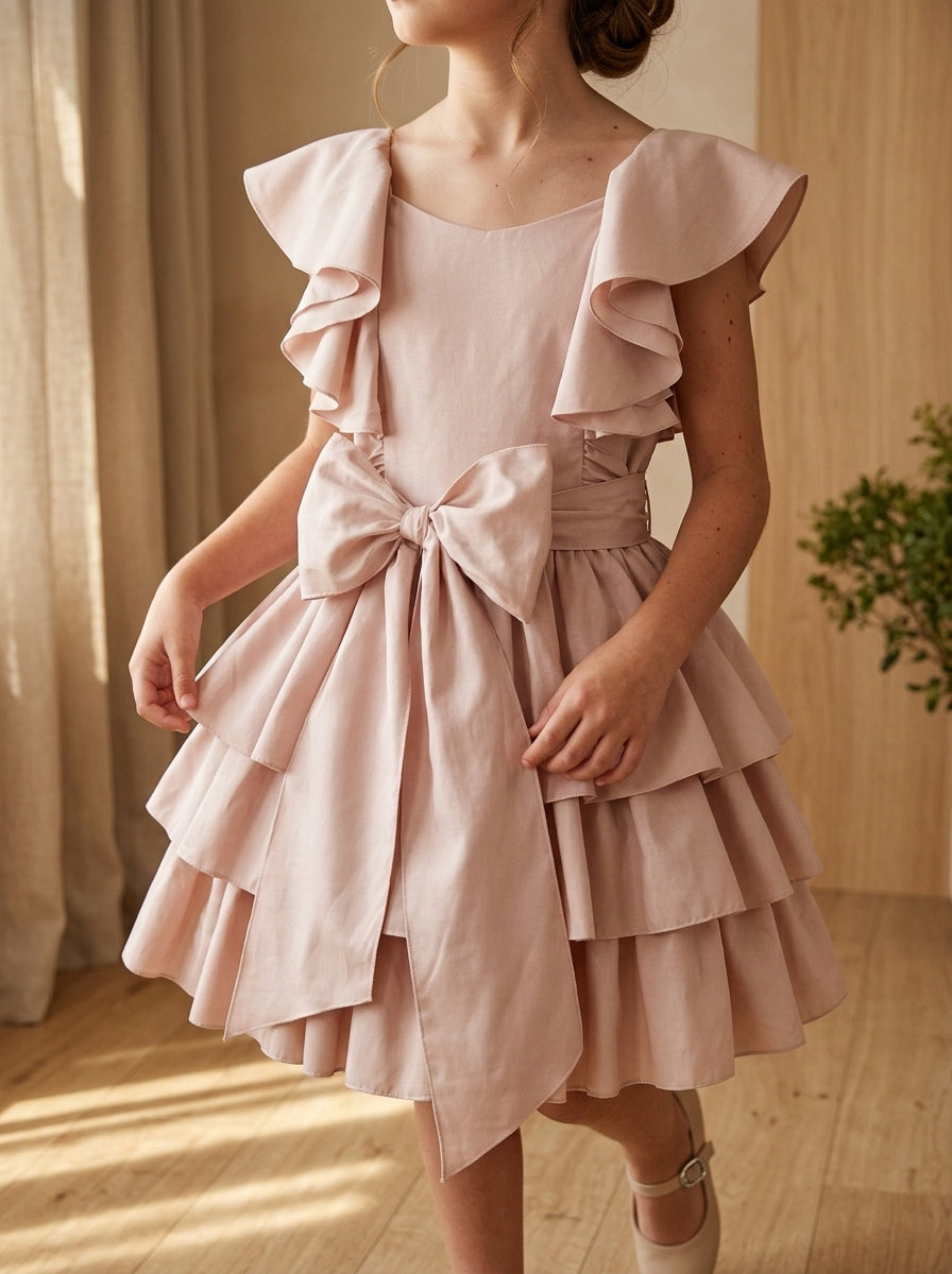 Vestido tafetan rosa maquillaje con volantes y lazada