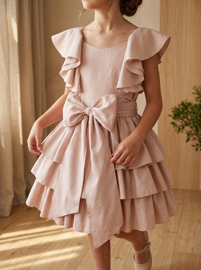 Vestido tafetan rosa maquillaje con volantes y lazada