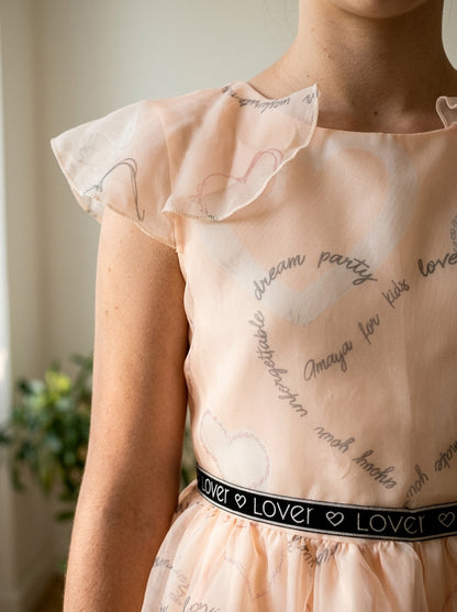 Vestido organza estampada en rosa nude