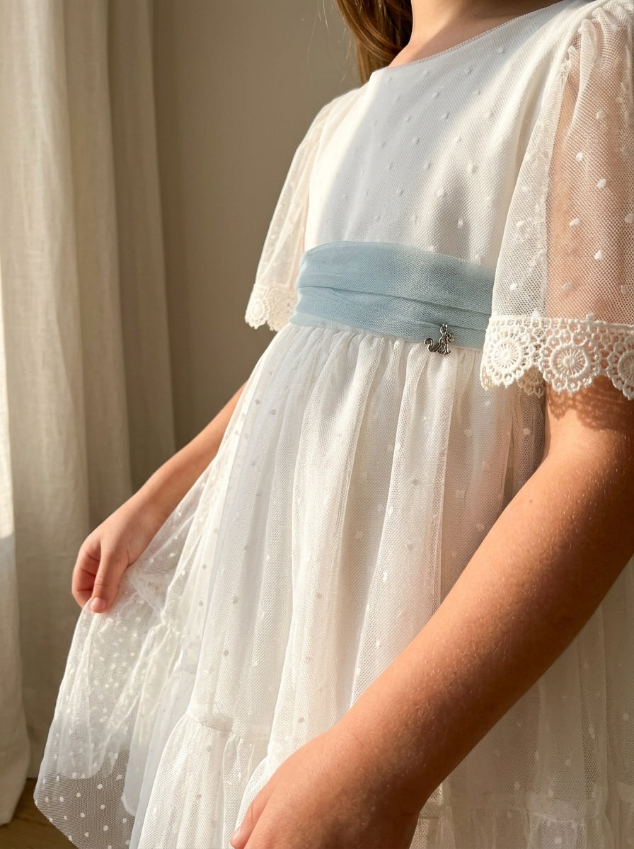 Vestido tul de plumeti fajin verde claro
