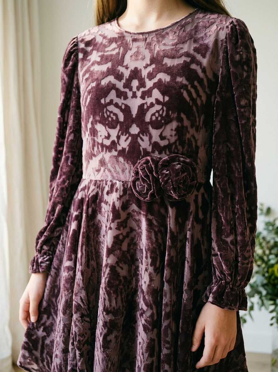 Vestido gasa brocada en terciopelo café