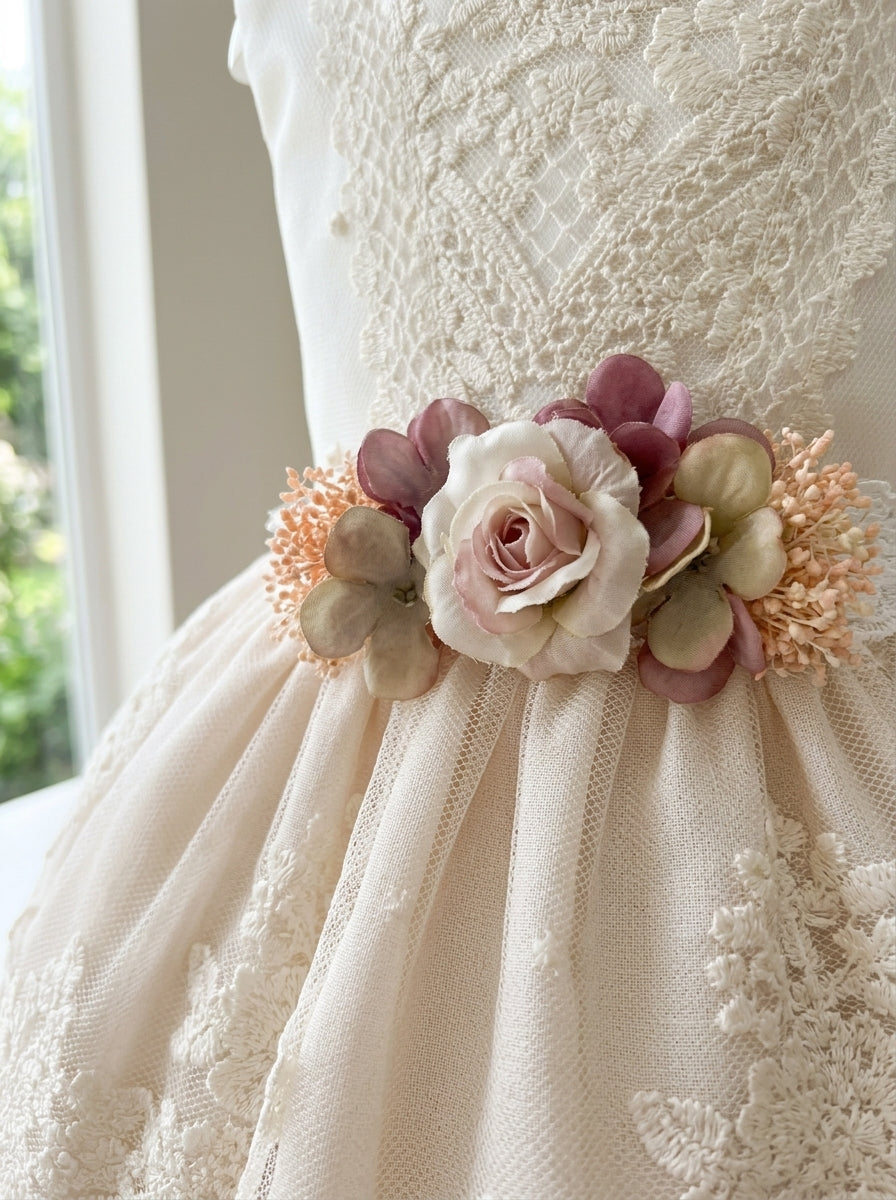 Vestido tul bordado cuerpo beig falda rosa broche flor