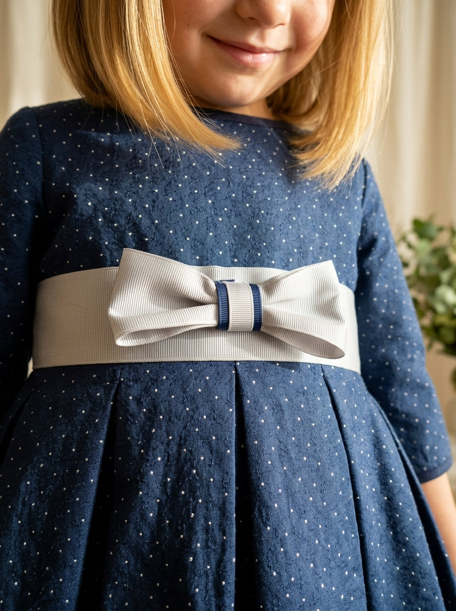 Vestido jacquard marino topitos gris