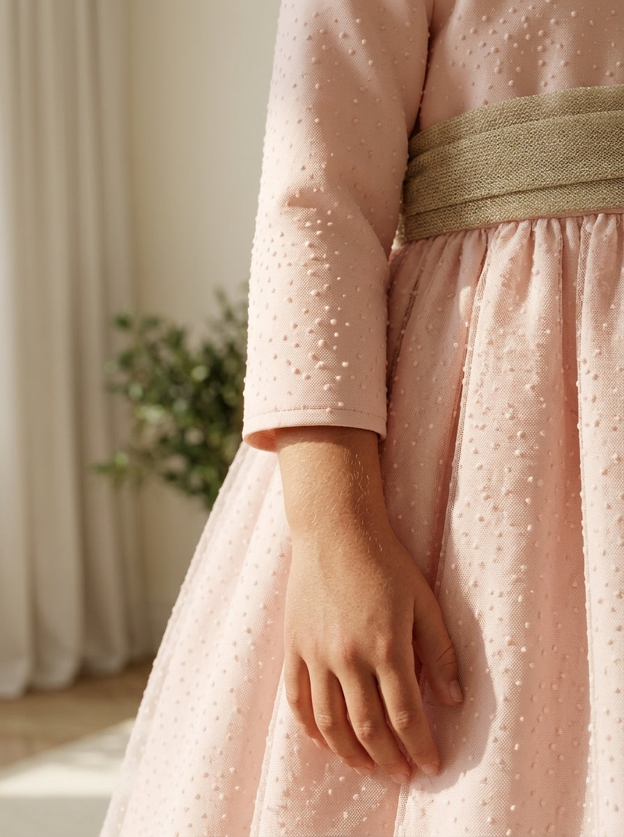 Vestido mikado salmón con flocado y fajin