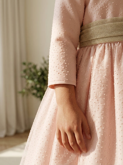 Vestido mikado salmón con flocado y fajin