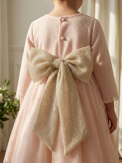Vestido mikado salmón con flocado y fajin