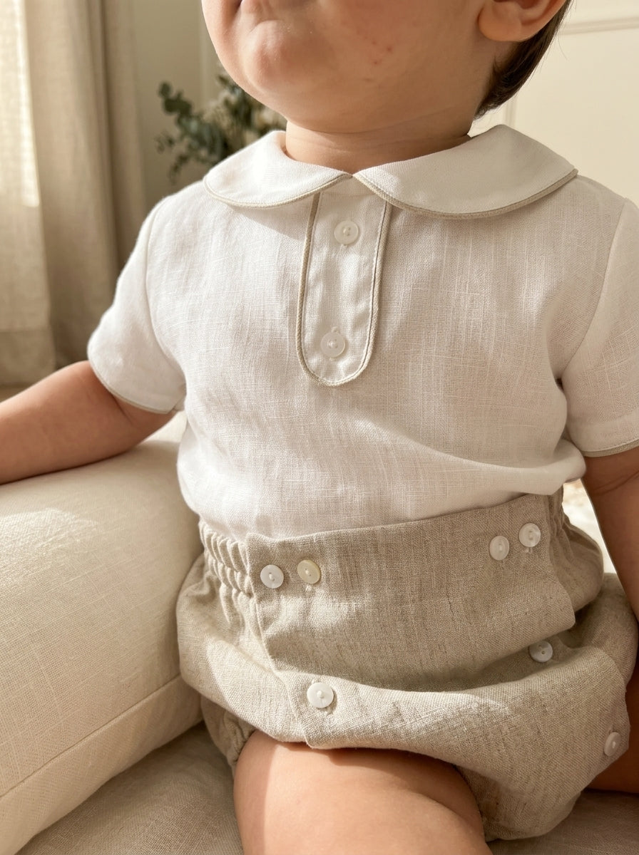 Conjunto camisa lino beig cuello bebe y bombacho tostado