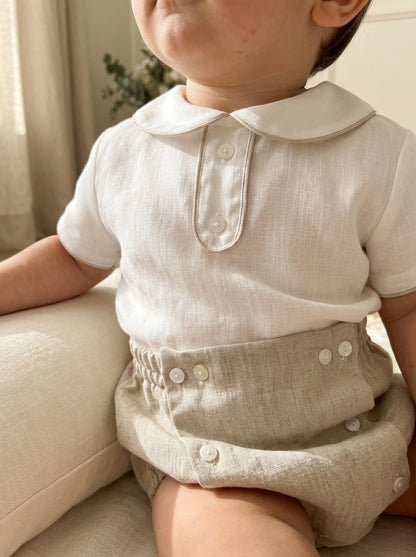 Conjunto camisa lino beig cuello bebe y bombacho tostado