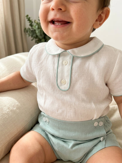 Conjunto camisa lino cuello bebe verde y bombacho