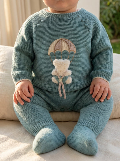 Jubon y polaina verde musgo con osito y gorrito