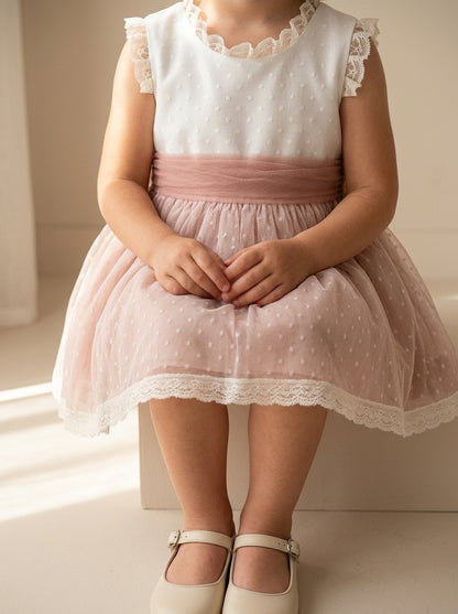 Vestido tul de plumeti rosa empolvado sin mangas