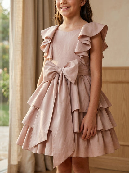 Vestido tafetan rosa maquillaje con volantes y lazada