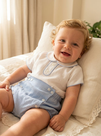 Conjunto camisa lino cuello bebe lino celeste y bombacho