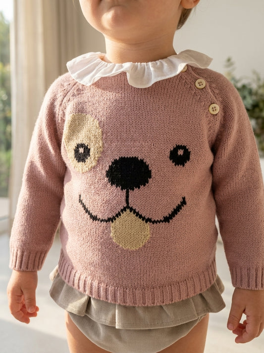 Conjunto 3 piezas, blusa, jersey rosa con carita perrito y culote con volante