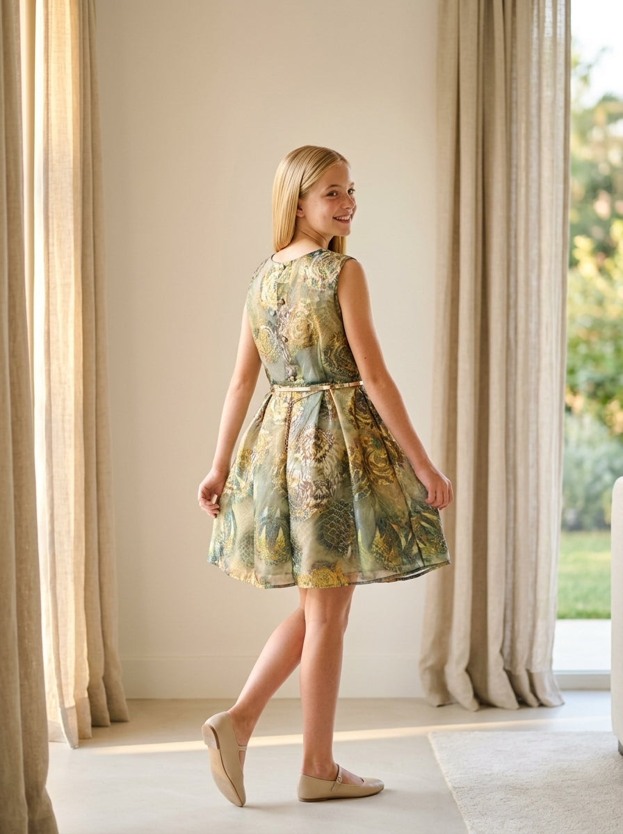 Vestido estampado verdes y dorados con cinturon rigido dorado