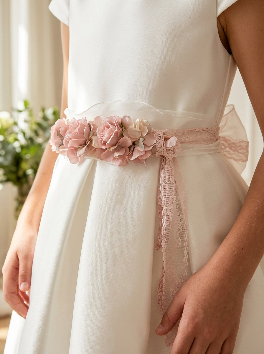 Vestido mikado blanco con espalda ondas y fajin tul rosa con flores