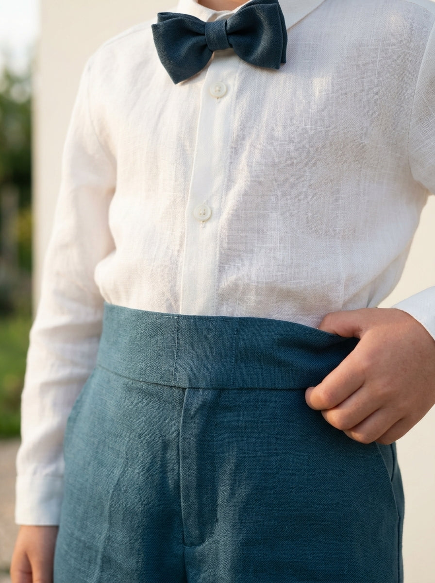 Conjunto camisa lino cuello mao y pantalon largo con fajin verde oliva y pajarita