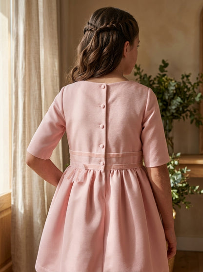 Vestido mikado cuadrille rosa manga francesa falda fruncida