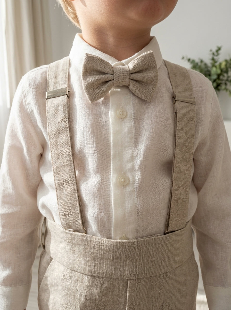 Conjunto camisa lino y pantalon largo arena con pajarita