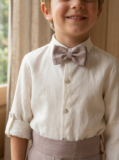 Conjunto camisa lino beig y short lino malva con fajin y pajarita