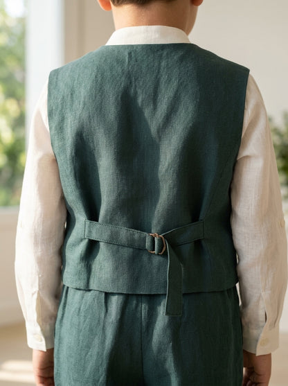 Conjunto camisa lino cuello mao y pantalon largo con fajin verde oliva y pajarita