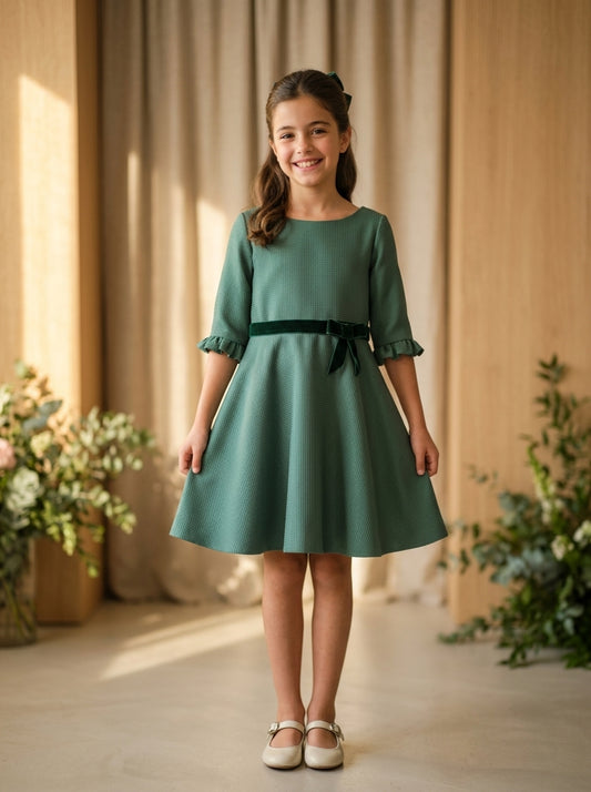 Vestido verde con fajin y lazo de terciopelo