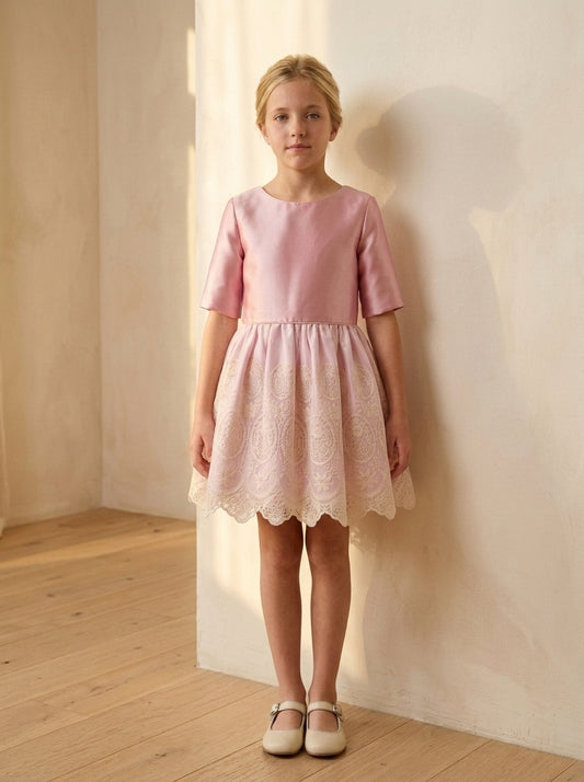 Vestido cuerpo mikado rosa y falda tul bordado beig