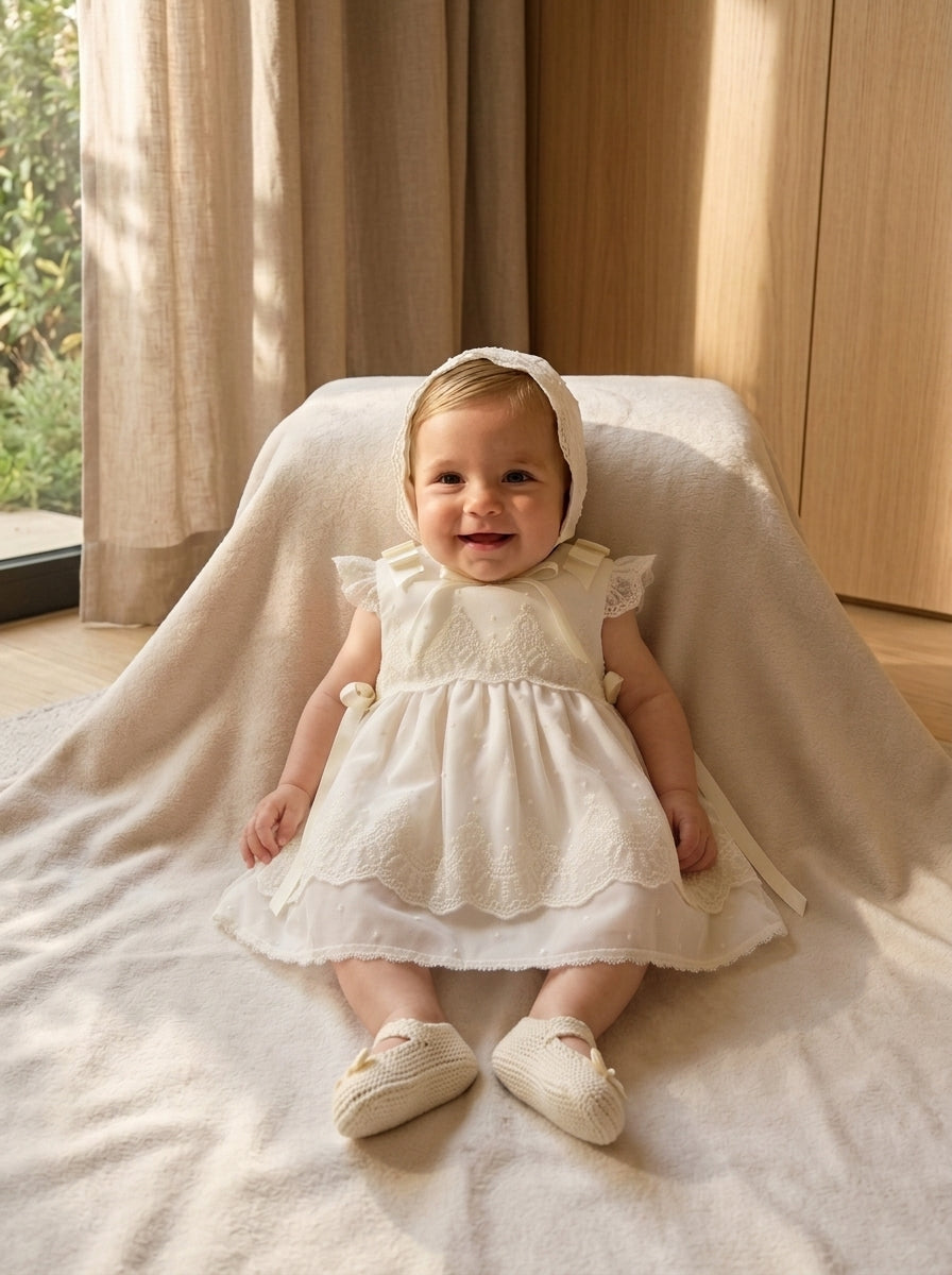 Vestido tul bordado beig con falda tul rosa y capota