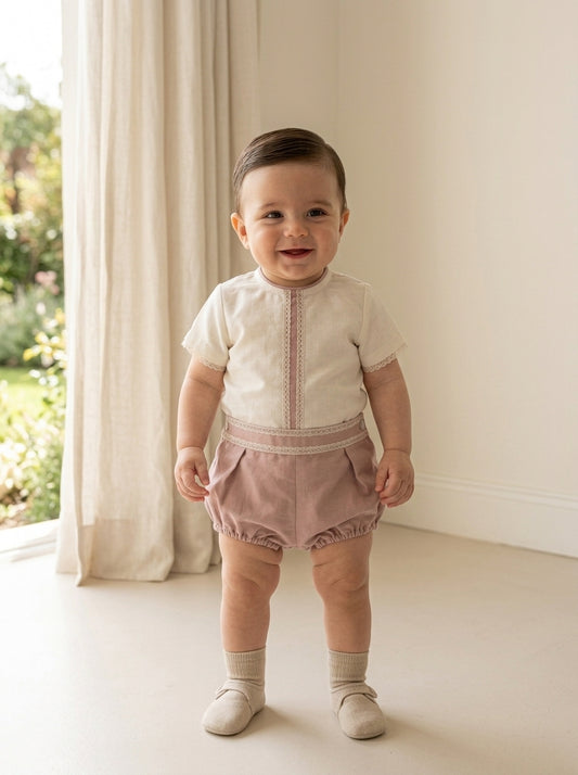 Conjunto camisa beig y bombacho lino rosa empolvado