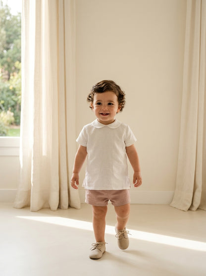 Conjunto camisa blanco roto y short rosa empolvado