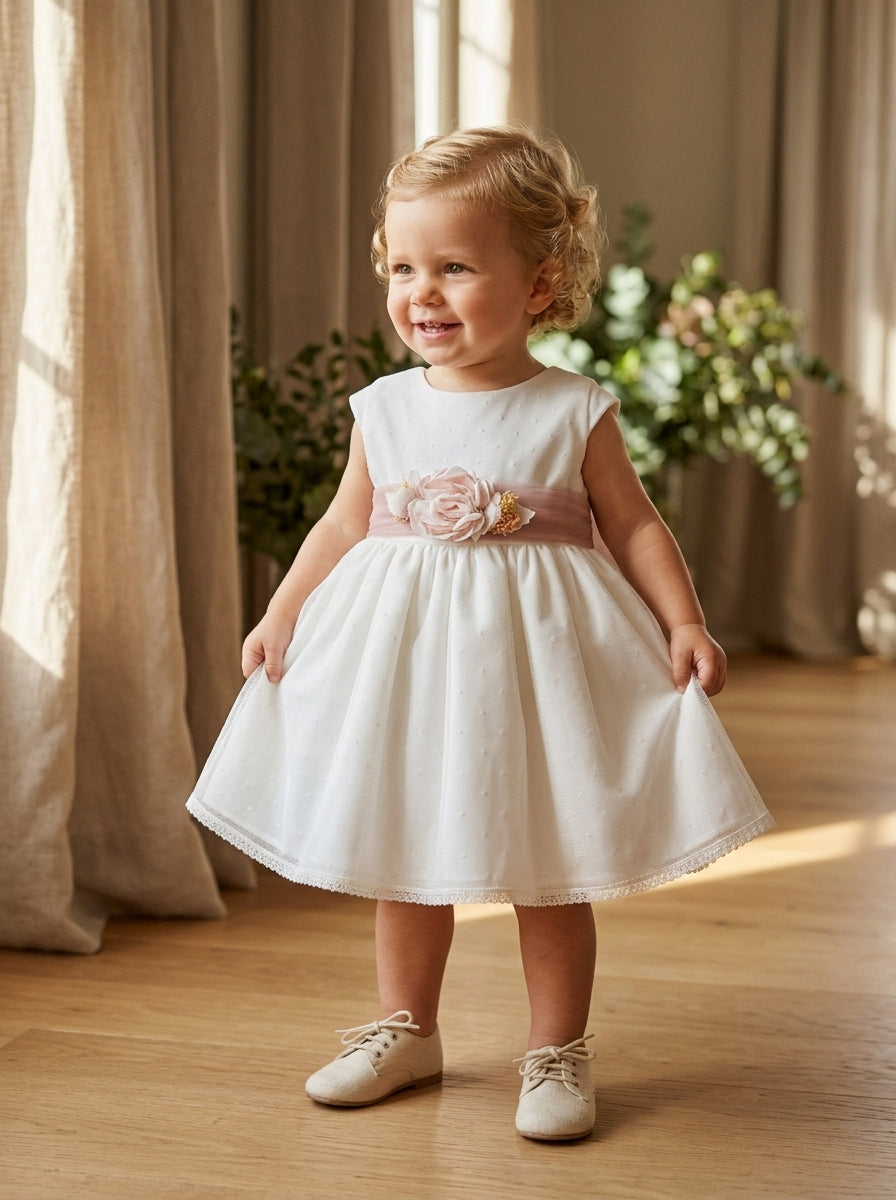 Vestido tul de plumeti con fajin rosa
