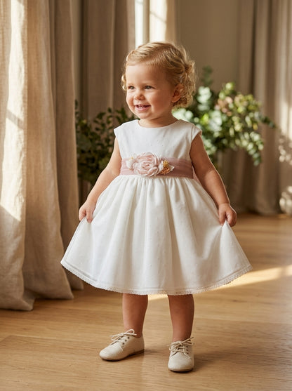 Vestido tul de plumeti con fajin rosa