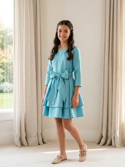 Vestido seda salvaje turquesa con dos volantes