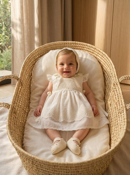 Vestido tul bordado beig con falda tul rosa y capota