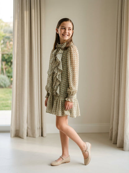 Vestido de gasa estampada con chorreras