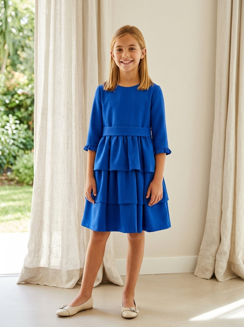 Vestido azul clay con tres volantes