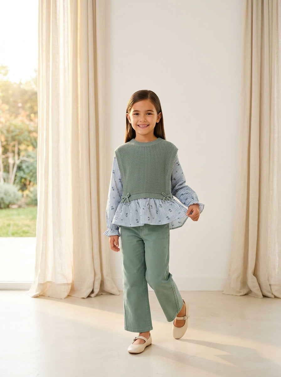 Conjunto blusa con chaleco y pantalon verde largo