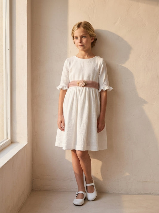 Vestido infantil de bambula blanco y fajin rosa