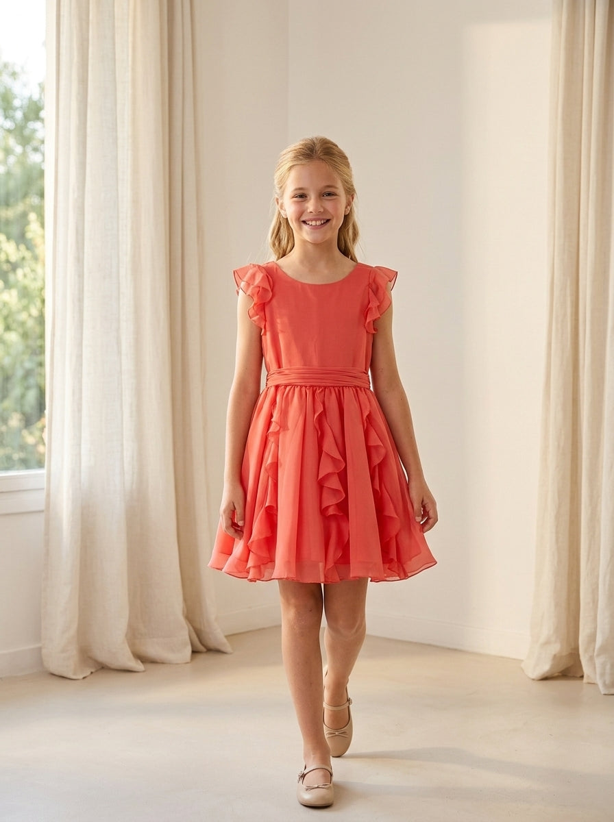 Vestido gasa coral con volantes