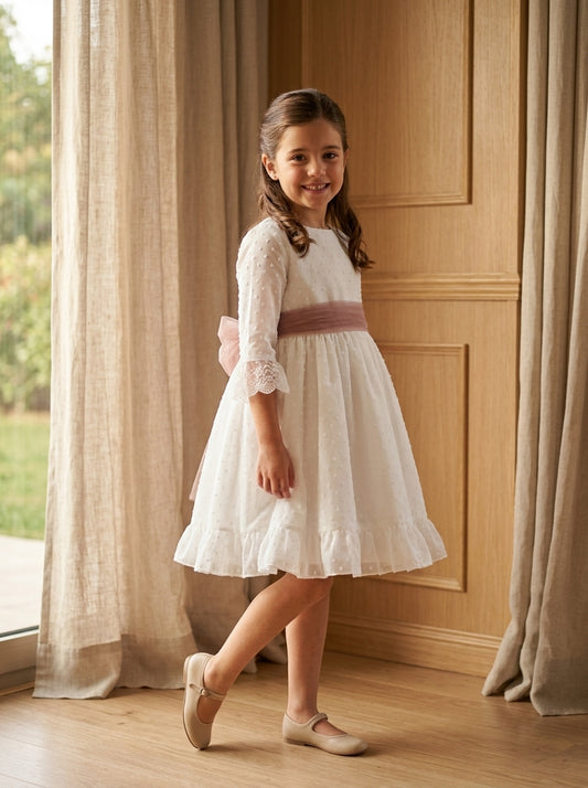 Vestido plumeti gasa blanca y fajin rosa empolvado GAIA