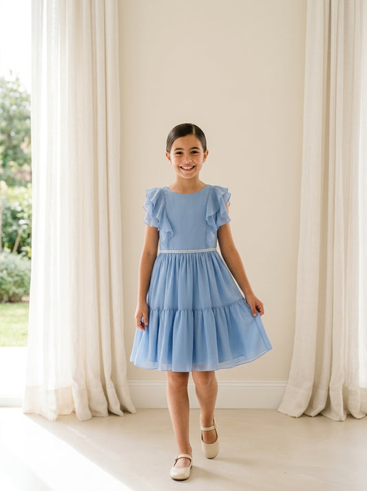 Vestido gasa azul con volantes