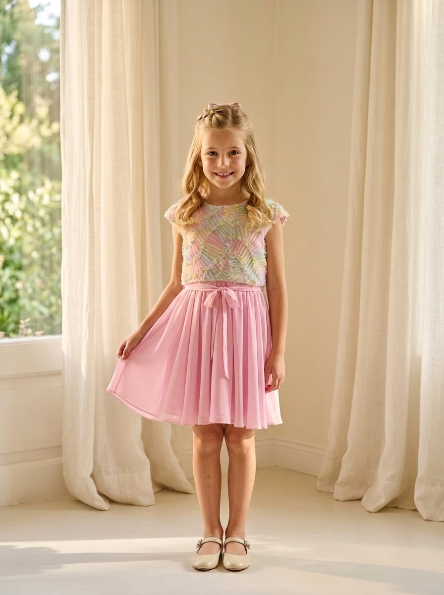 Vestido gasa rosa y chaleco fantasia