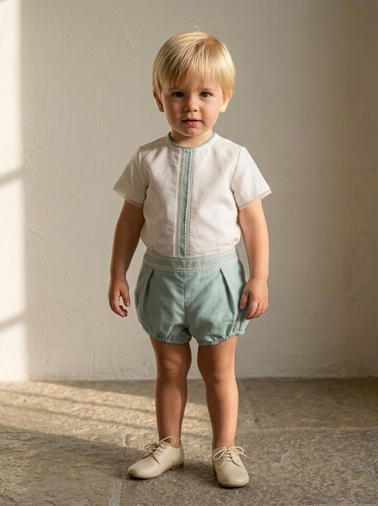 Conjunto camisa beig y bombacho lino verde empolvado